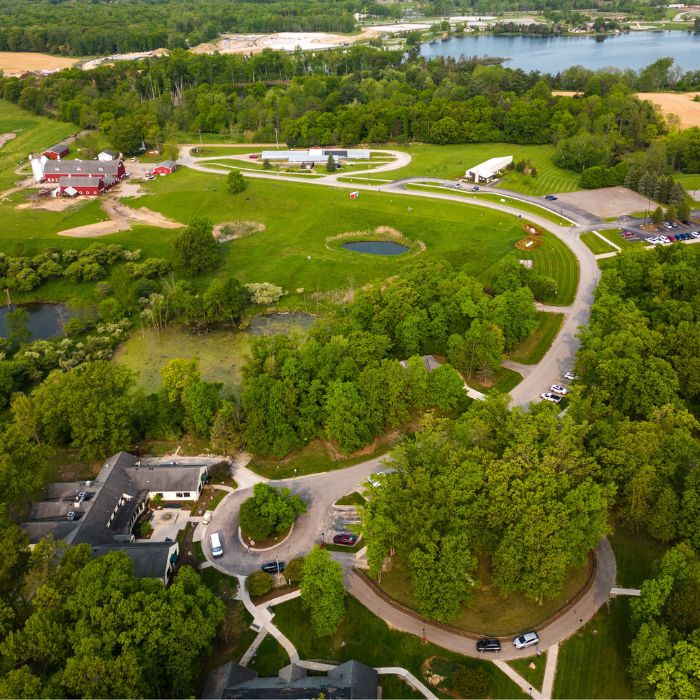 An overhead view of Rose Hill Center's expansive 400-acre grounds, showcasing the serene and tranquil environment that fosters mental health healing