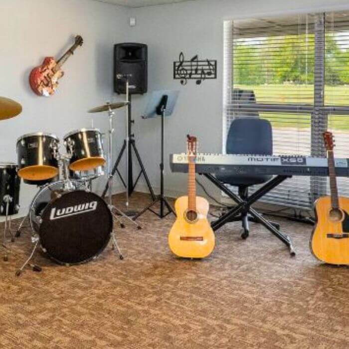 A dedicated music center where residents can engage in therapeutic musical activities